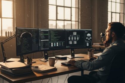 A wide shot of a back-end developer sitting in a sun-drenched
