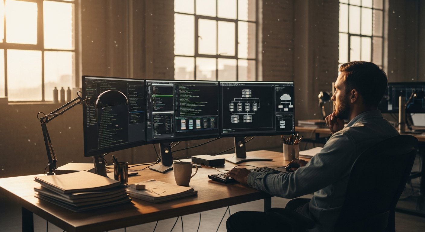 A wide shot of a back-end developer sitting in a sun-drenched