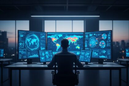 wide shot of a cybersecurity specialist working in a high-tech