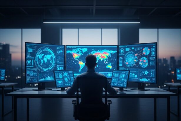 wide shot of a cybersecurity specialist working in a high-tech