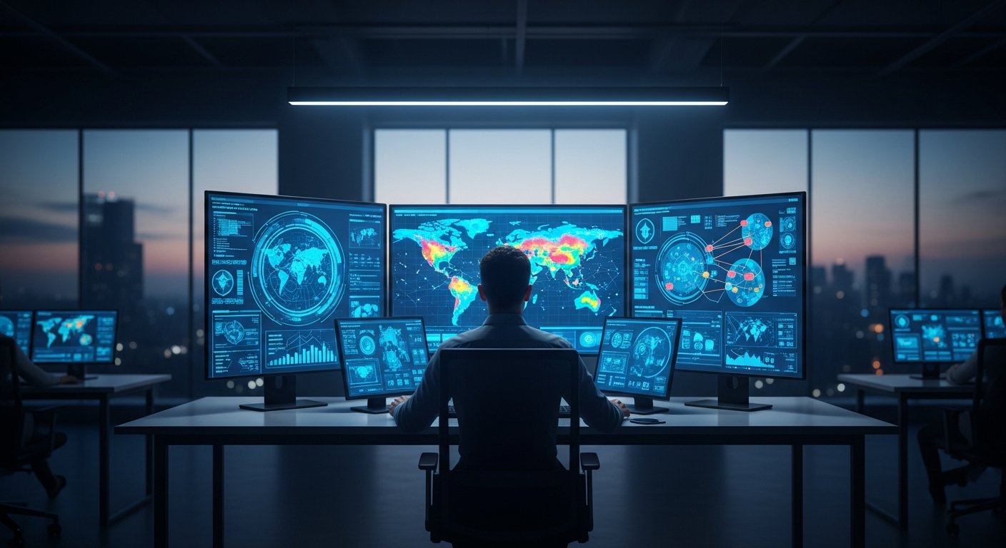 wide shot of a cybersecurity specialist working in a high-tech