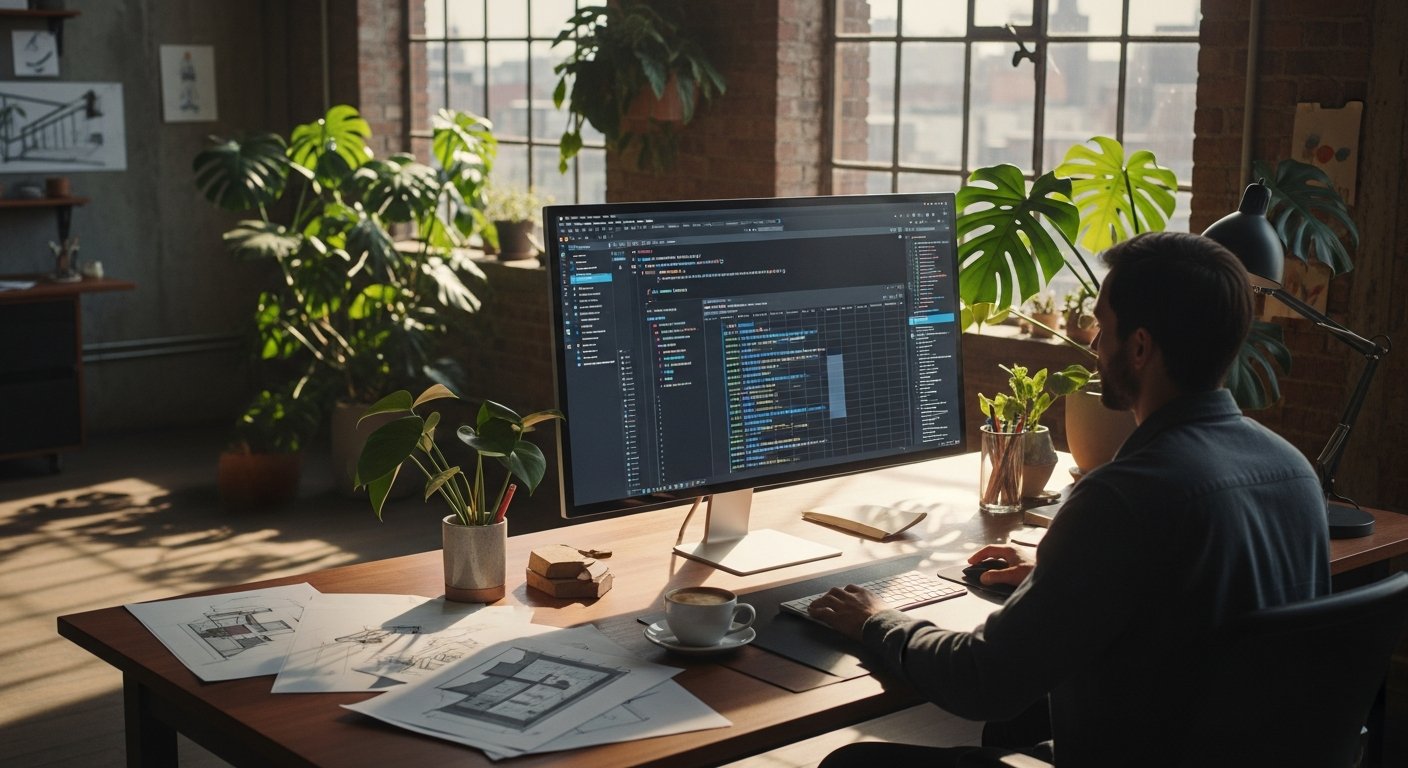 A high-angle wide shot of a minimalist