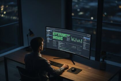 wide shot from a high-angle perspective looking down at a minimalist