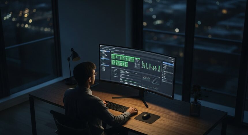 wide shot from a high-angle perspective looking down at a minimalist