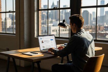 A wide shot of a modern digital nomad working in a sun-drenched