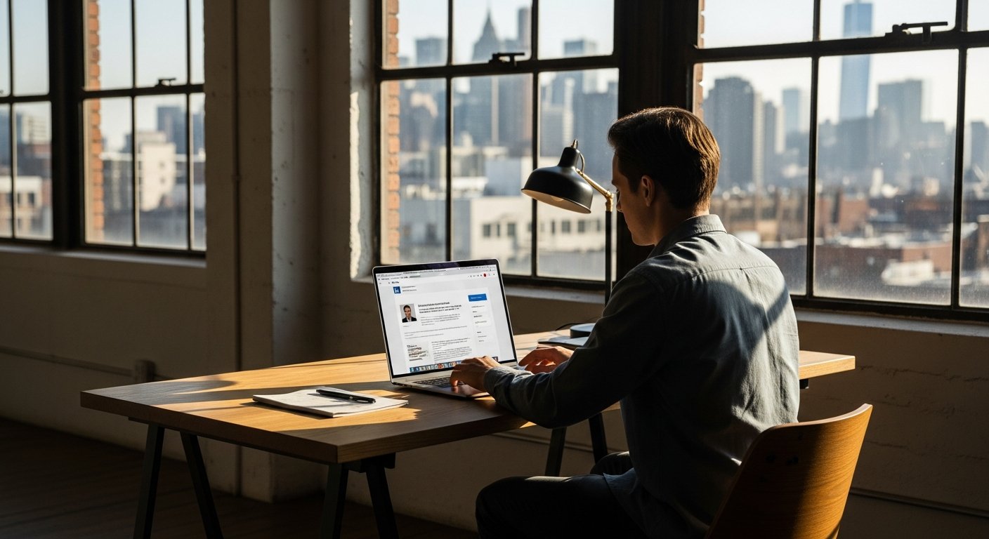 A wide shot of a modern digital nomad working in a sun-drenched