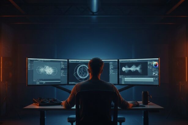 A wide-angle shot of a professional motion designer working in a darkened