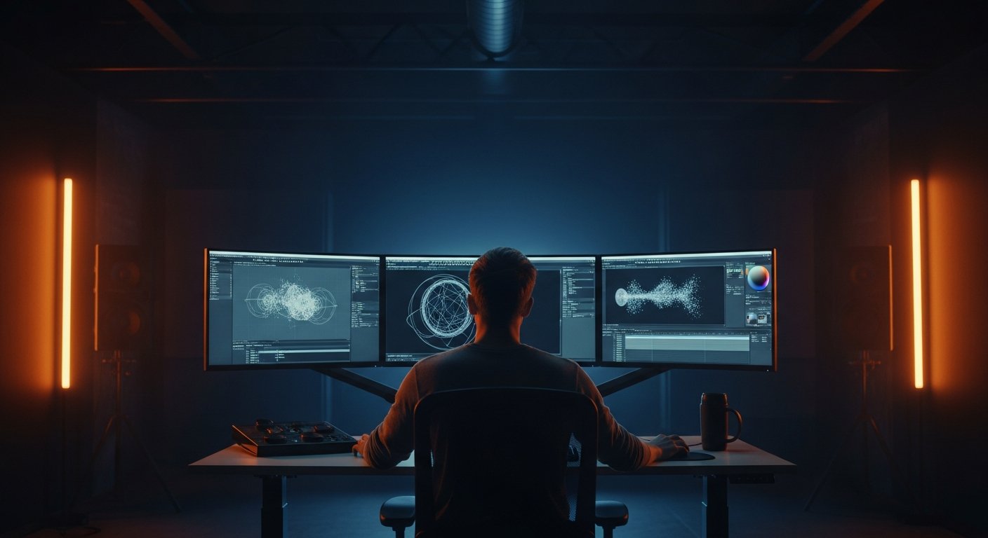 A wide-angle shot of a professional motion designer working in a darkened