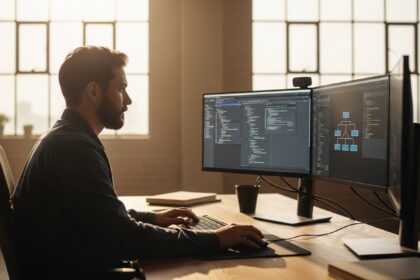 A wide-angle shot of a senior PHP developer in a sun-drenched