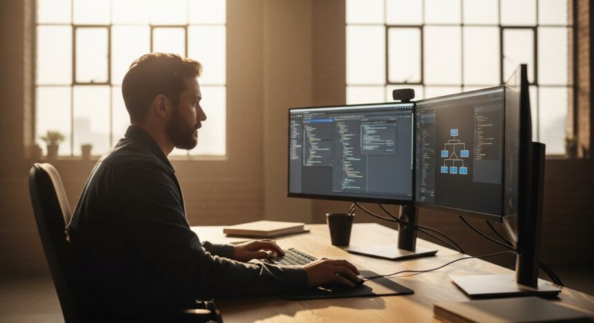 A wide-angle shot of a senior PHP developer in a sun-drenched
