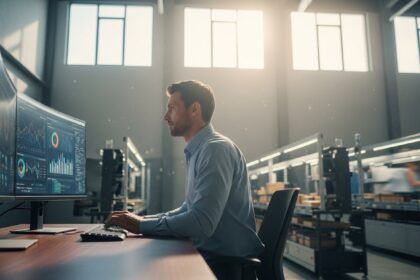 A wide-angle shot from a low perspective inside a modern