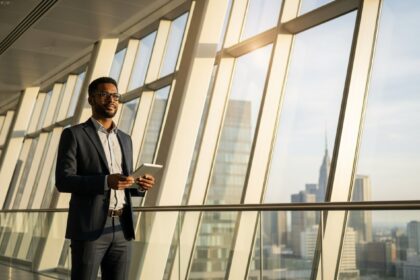 A wide-angle shot of a confident professional standing in a sun-drenched