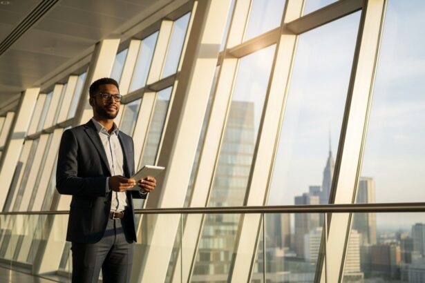 A wide-angle shot of a confident professional standing in a sun-drenched