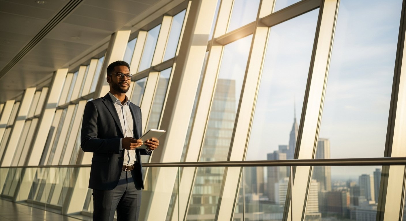 A wide-angle shot of a confident professional standing in a sun-drenched
