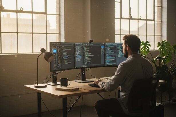 wide shot of a senior Python developer working in a light-filled