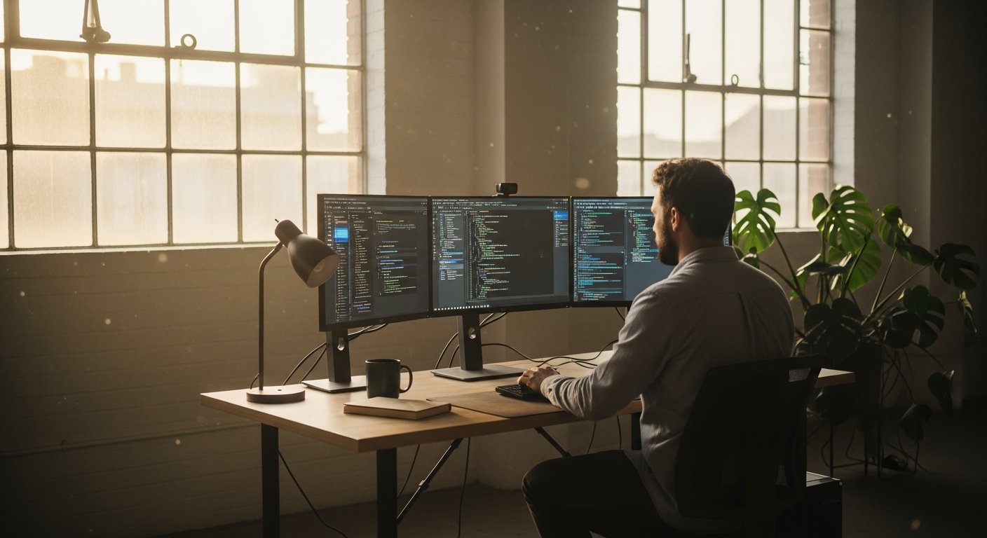 wide shot of a senior Python developer working in a light-filled