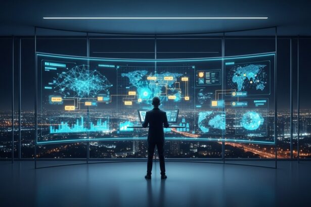 A wide shot of a high-end Security Architect working in a minimalist
