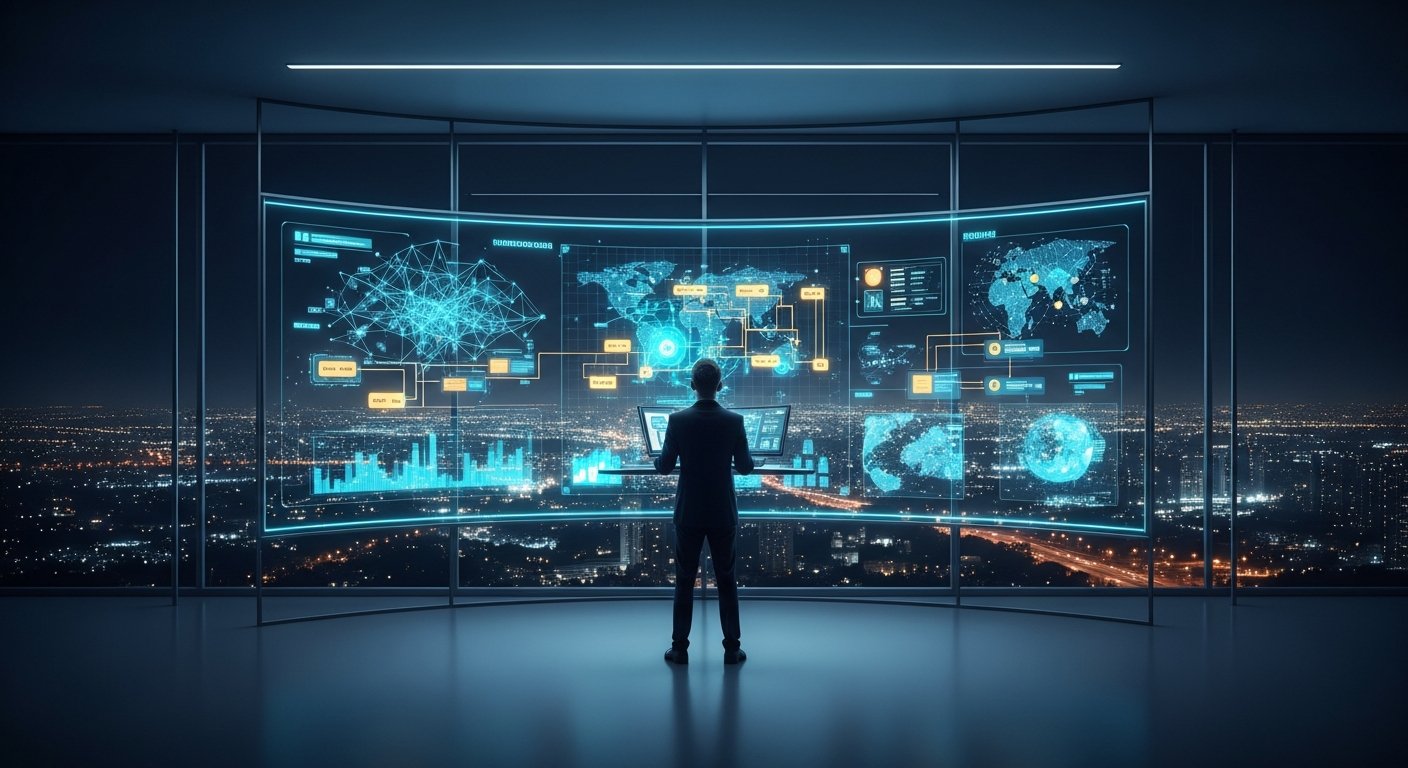 A wide shot of a high-end Security Architect working in a minimalist