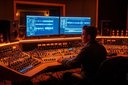 wide shot of a sound designer working in a high-end