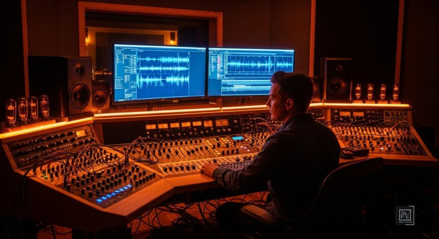 wide shot of a sound designer working in a high-end