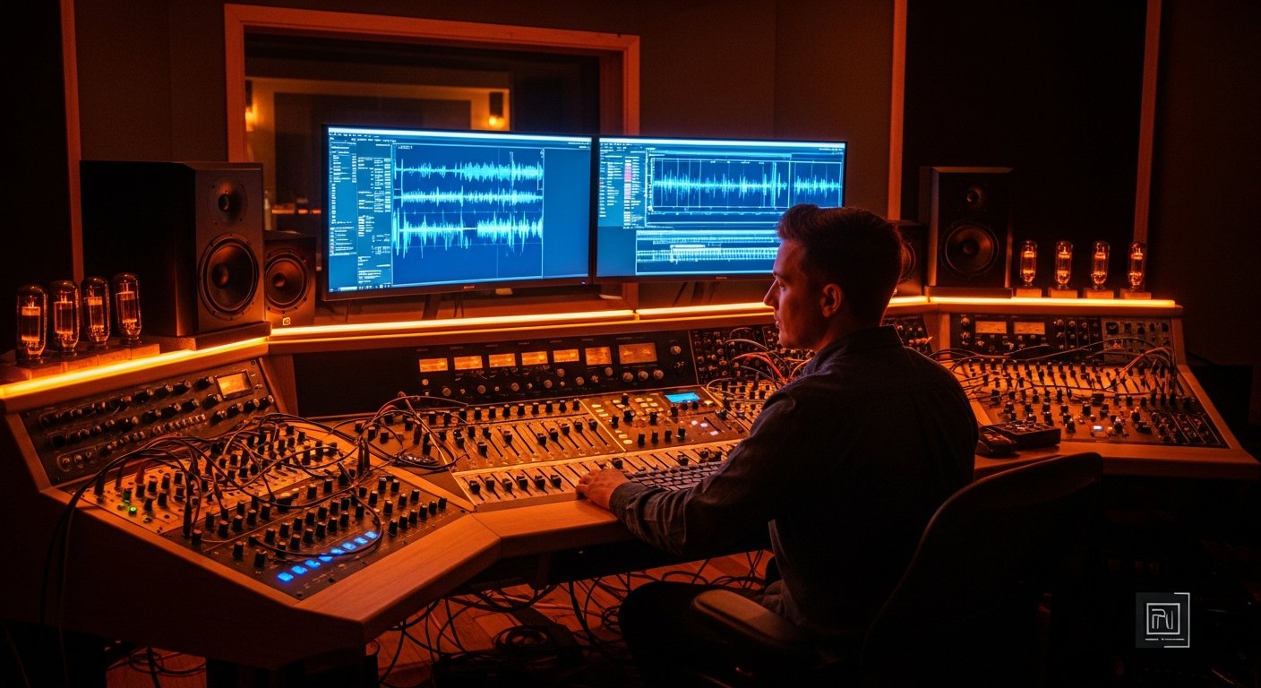 wide shot of a sound designer working in a high-end