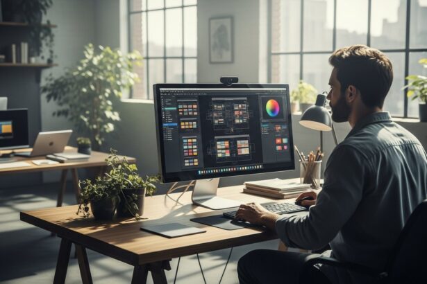 A wide shot of a visionary UI designer working in a minimalist