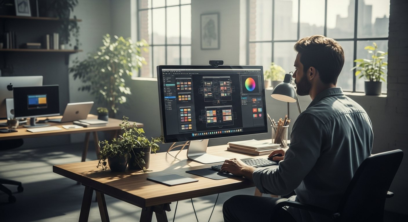 A wide shot of a visionary UI designer working in a minimalist