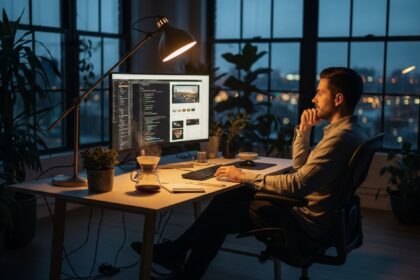 wide shot of a WordPress developer working in a minimalist