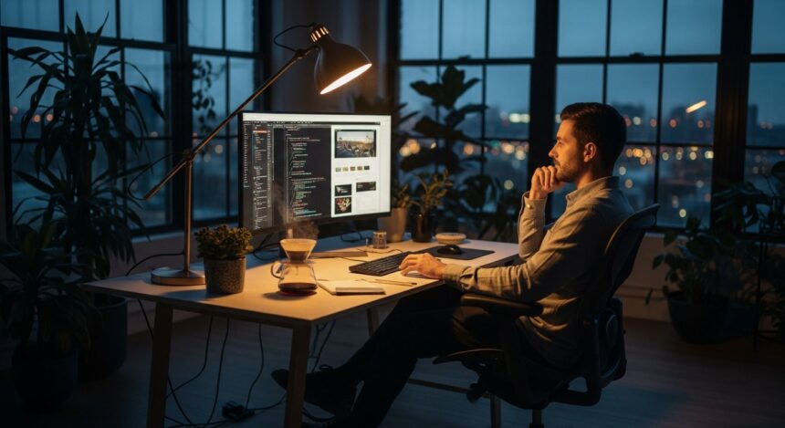 wide shot of a WordPress developer working in a minimalist