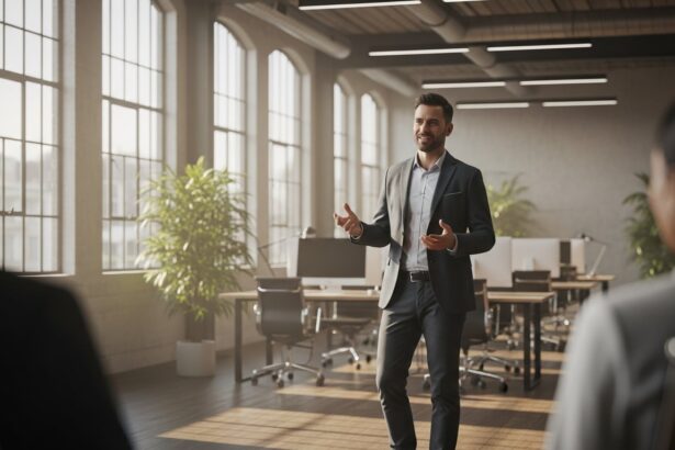 A wide shot of a creative professional standing in a high-end