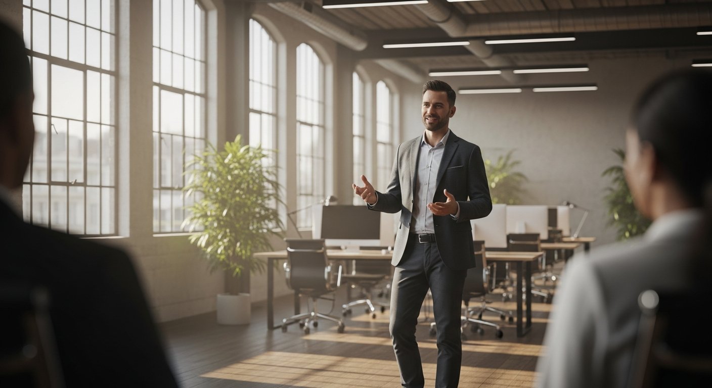 A wide shot of a creative professional standing in a high-end